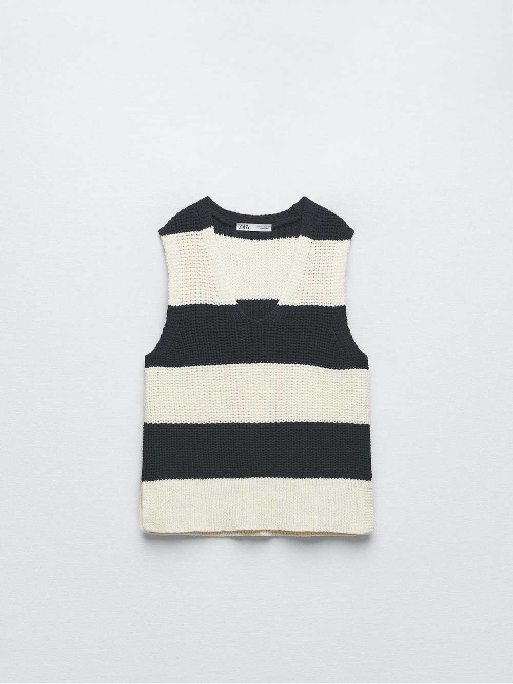 Zara Black and Cream Striped Knit Sleeveless Vest
